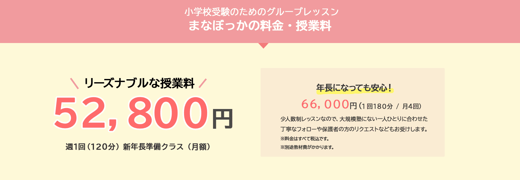 安心の授業料 年中33,000円（月４回１２０分）年長55,000円（月４回１８０分）リーズナブルな料金で小学校受験に挑戦できます